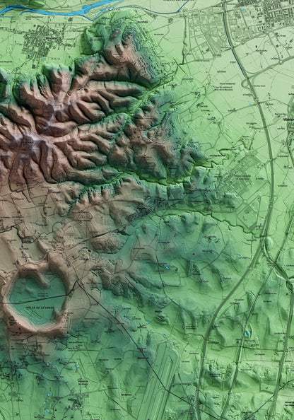 Mapa artístico del relieve de Aiguaviva, al Gironès, con 15 km de entorno y base topográfica ICGC. Detalle de la zona central.
