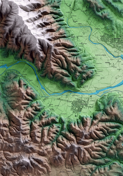 Mapa artístico del relieve de Aiguaviva, al Gironès, con 15 km de entorno y base topográfica ICGC. Detalle de la zona superior izquierda.