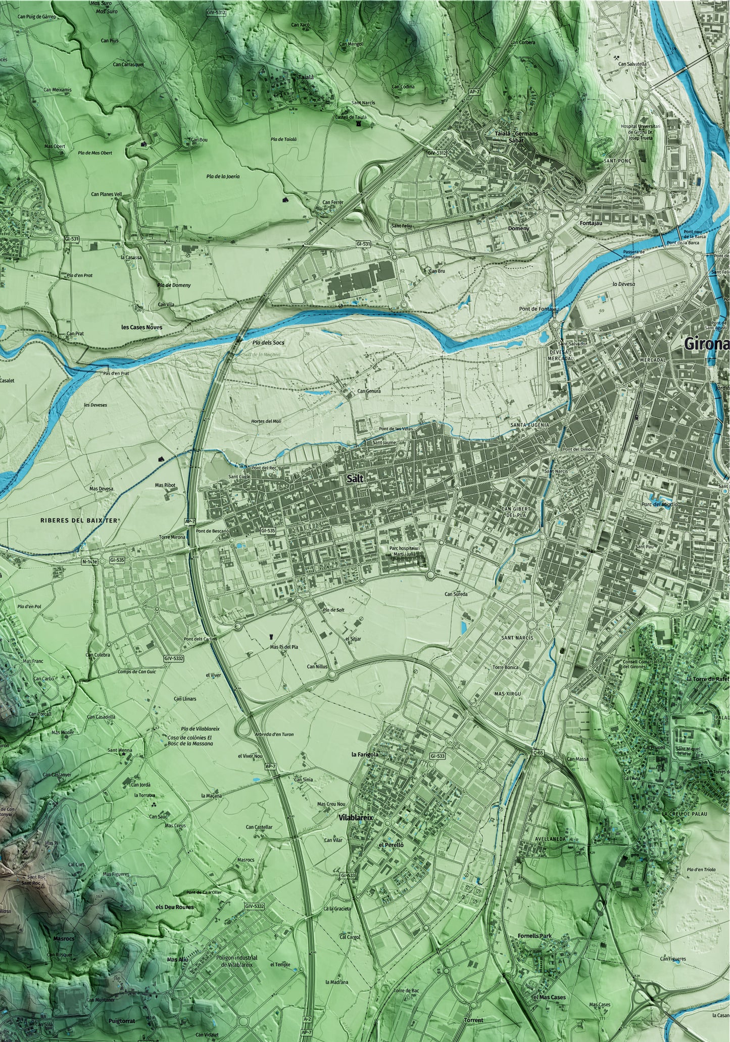 Mapa artístico del relieve de Aiguaviva, al Gironès, con 15 km de entorno y base topográfica ICGC. Detalle de la zona superior derecha.