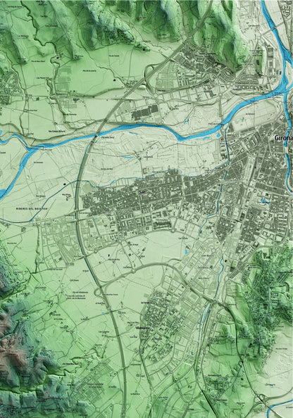 Mapa artístico del relieve de Aiguaviva, al Gironès, con 15 km de entorno y base topográfica ICGC. Detalle de la zona superior derecha.