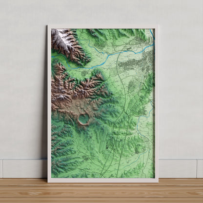 Mapa artístico del relieve de Aiguaviva, al Gironès, con 15 km de entorno y base topográfica ICGC. Presentación enmarcada.