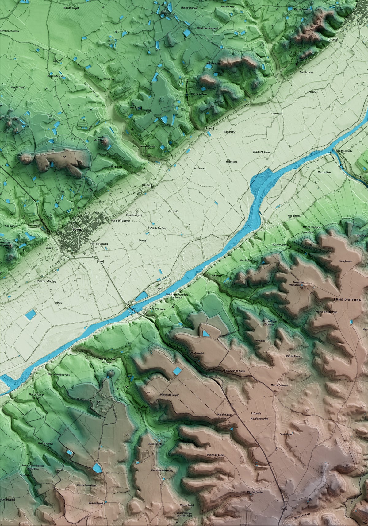 Mapa artístico del relieve de Aitona, al Segrià, con 15 km de entorno y base topográfica ICGC. Detalle de la zona inferior izquierda.
