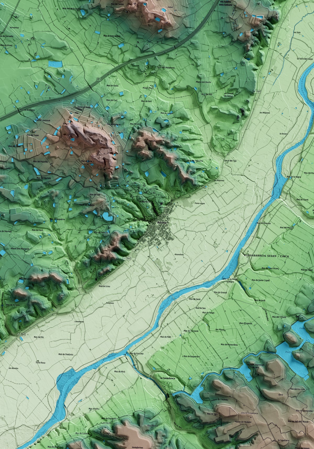 Mapa artístico del relieve de Aitona, al Segrià, con 15 km de entorno y base topográfica ICGC. Detalle de la zona central.
