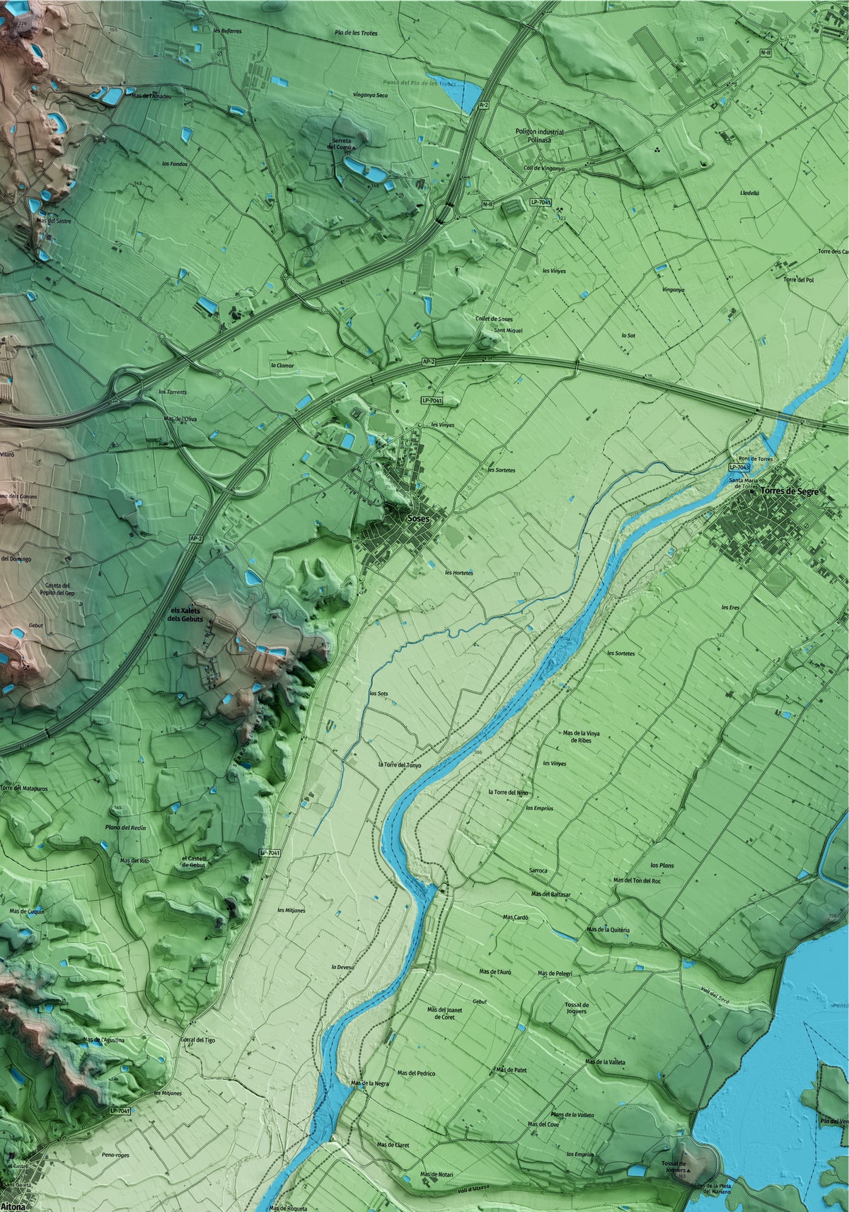 Mapa artístico del relieve de Aitona, al Segrià, con 15 km de entorno y base topográfica ICGC. Detalle de la zona superior derecha.