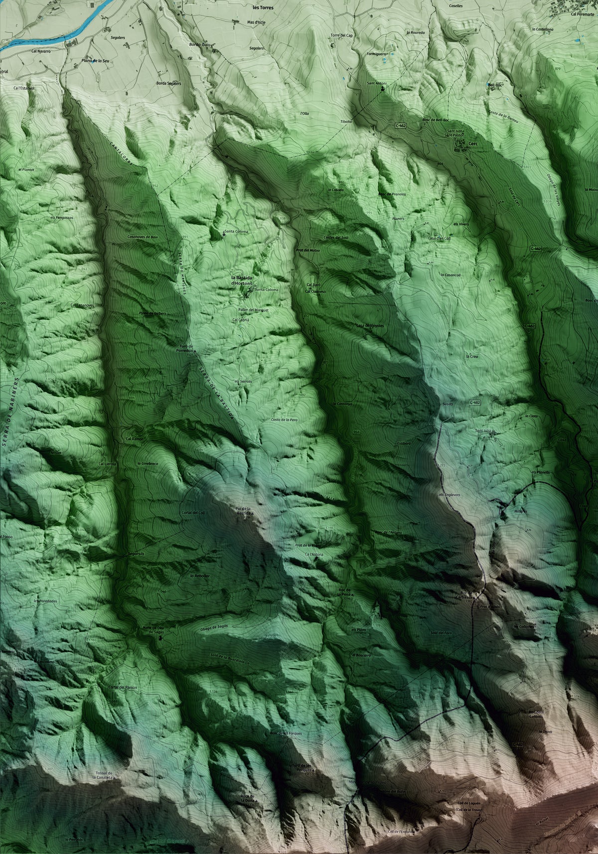 Mapa artístico del relieve de Alàs i Cerc, al Alt Urgell, con 15 km de entorno y base topográfica ICGC. Detalle de la zona inferior izquierda.