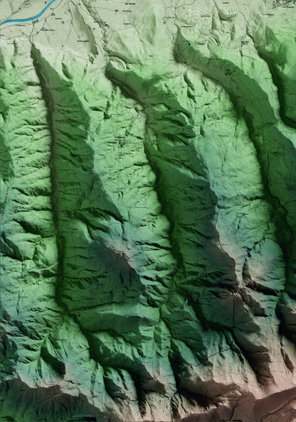 Mapa artístico del relieve de Alàs i Cerc, al Alt Urgell, con 15 km de entorno y base topográfica ICGC. Detalle de la zona inferior izquierda.