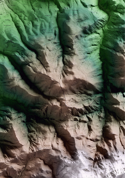 Mapa artístico del relieve de Alàs i Cerc, al Alt Urgell, con 15 km de entorno y base topográfica ICGC. Detalle de la zona inferior derecha.