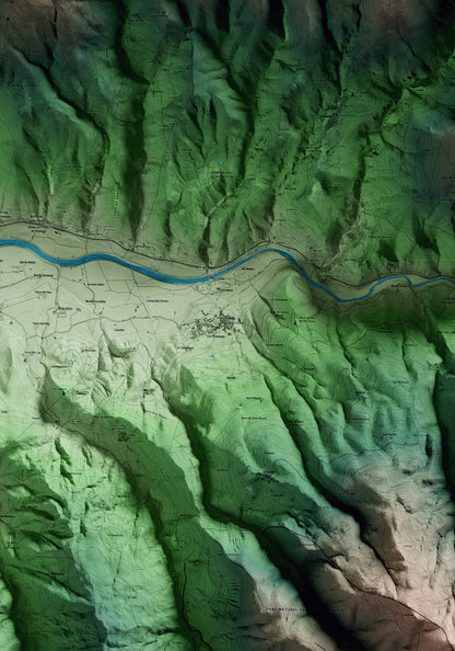 Mapa artístico del relieve de Alàs i Cerc, al Alt Urgell, con 15 km de entorno y base topográfica ICGC. Detalle de la zona central.