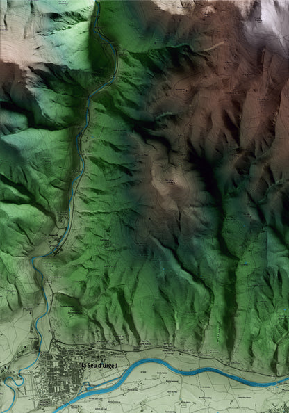 Mapa artístico del relieve de Alàs i Cerc, al Alt Urgell, con 15 km de entorno y base topográfica ICGC. Detalle de la zona superior izquierda.