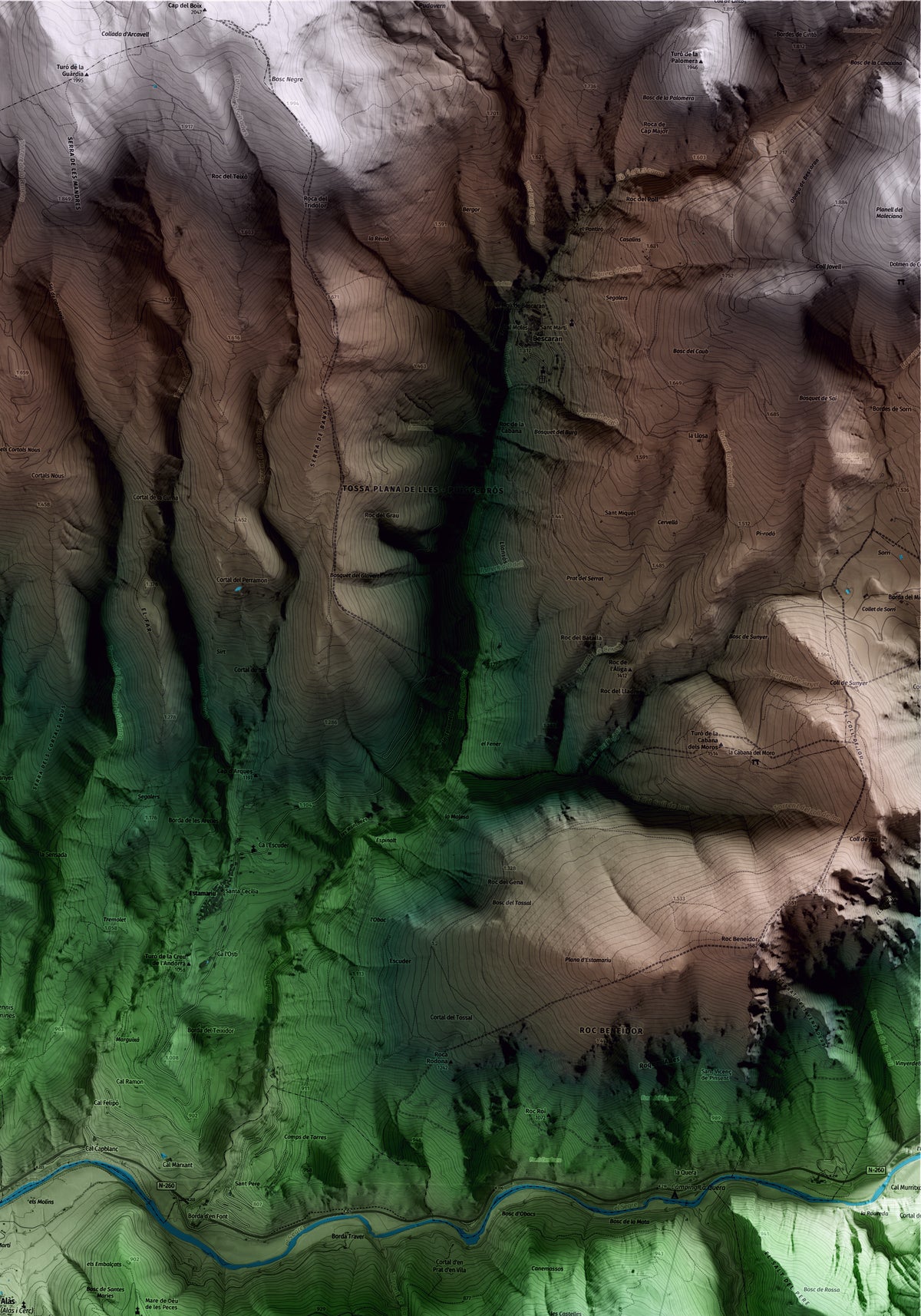 Mapa artístico del relieve de Alàs i Cerc, al Alt Urgell, con 15 km de entorno y base topográfica ICGC. Detalle de la zona superior derecha.