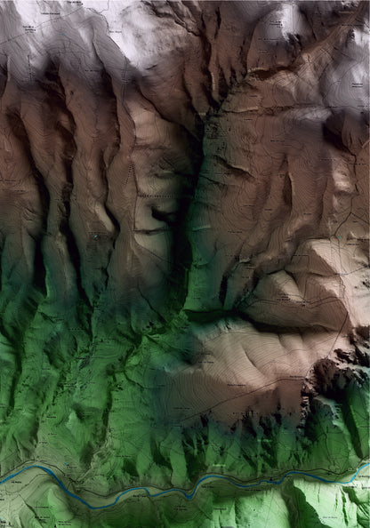 Mapa artístico del relieve de Alàs i Cerc, al Alt Urgell, con 15 km de entorno y base topográfica ICGC. Detalle de la zona superior derecha.