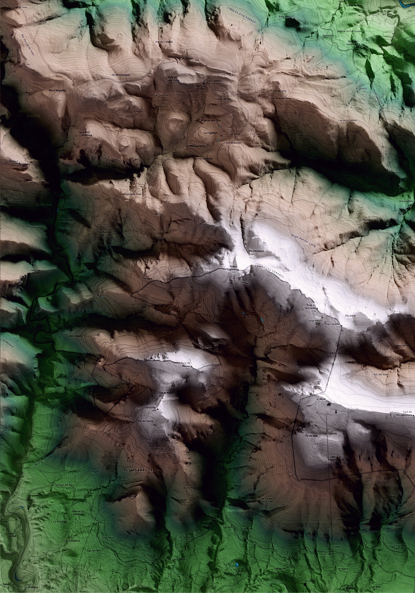 Mapa artístico del relieve de Albanyà, al Alt Empordà, con 15 km de entorno y base topográfica ICGC. Detalle de la zona inferior izquierda.