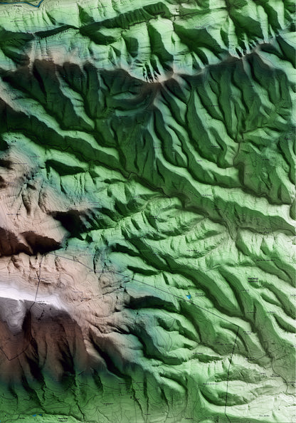 Mapa artístico del relieve de Albanyà, al Alt Empordà, con 15 km de entorno y base topográfica ICGC. Detalle de la zona inferior derecha.