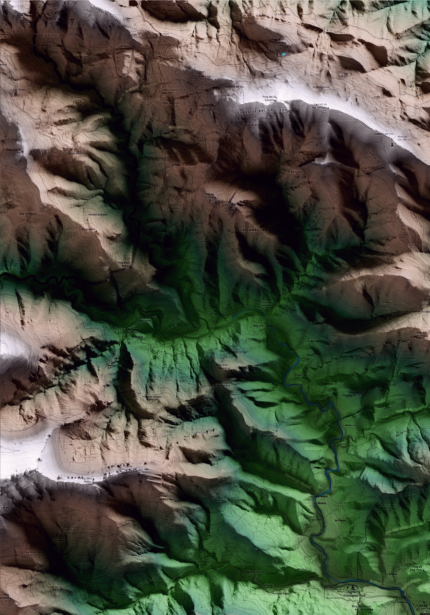 Mapa artístico del relieve de Albanyà, al Alt Empordà, con 15 km de entorno y base topográfica ICGC. Detalle de la zona superior izquierda.