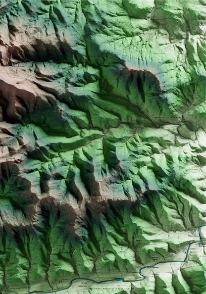 Mapa artístico del relieve de Albanyà, al Alt Empordà, con 15 km de entorno y base topográfica ICGC. Detalle de la zona superior derecha.