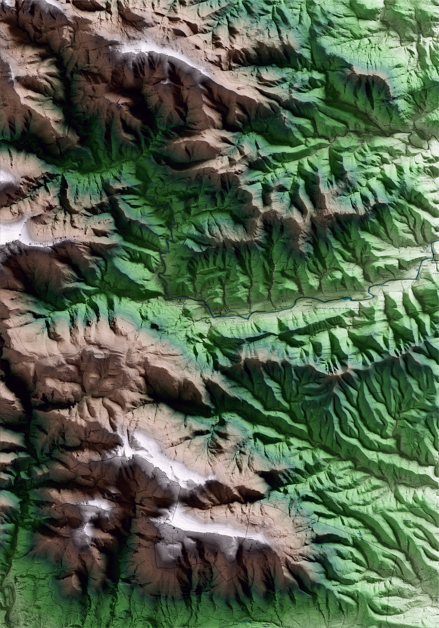 Mapa artístico del relieve de Albanyà, al Alt Empordà, con 15 km de entorno y base topográfica ICGC