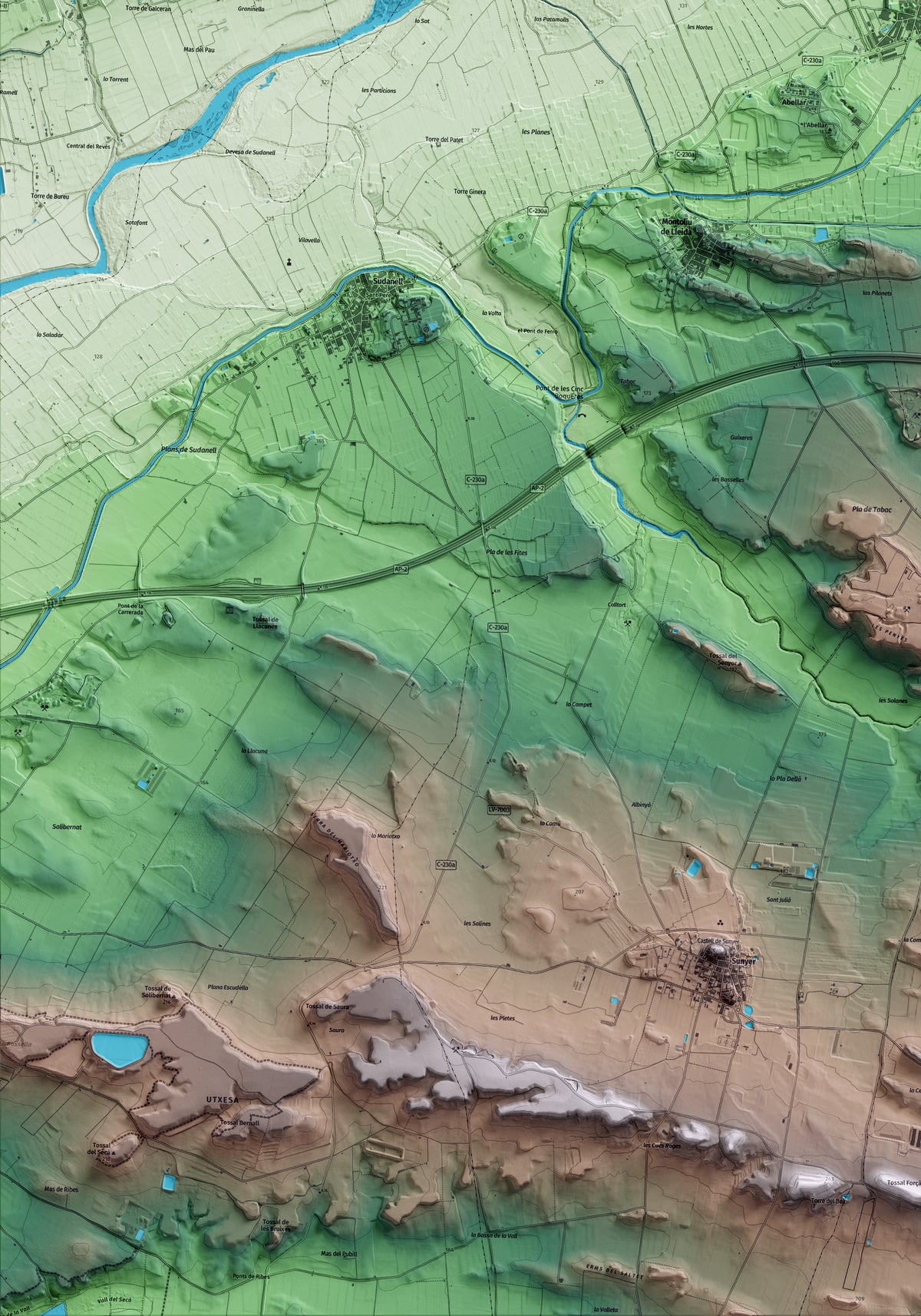 Mapa artístico del relieve de Albatàrrec, al Segrià, con 15 km de entorno y base topográfica ICGC. Detalle de la zona inferior izquierda.