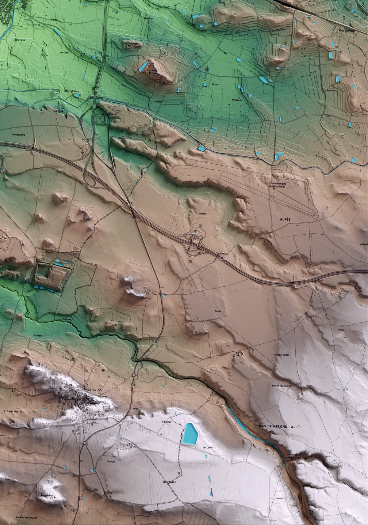 Mapa artístico del relieve de Albatàrrec, al Segrià, con 15 km de entorno y base topográfica ICGC. Detalle de la zona inferior derecha.