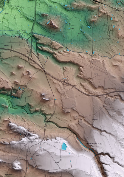 Mapa artístico del relieve de Albatàrrec, al Segrià, con 15 km de entorno y base topográfica ICGC. Detalle de la zona inferior derecha.