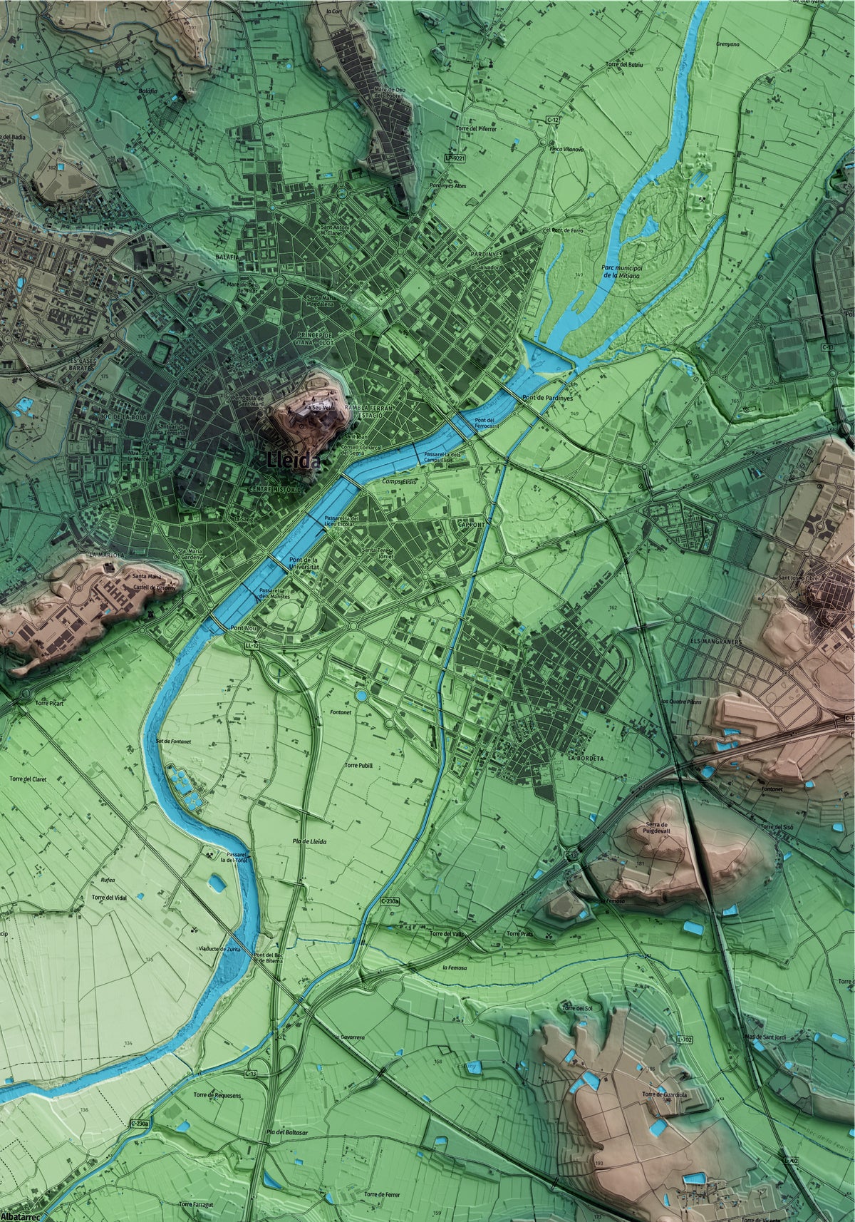 Mapa artístico del relieve de Albatàrrec, al Segrià, con 15 km de entorno y base topográfica ICGC. Detalle de la zona superior derecha.