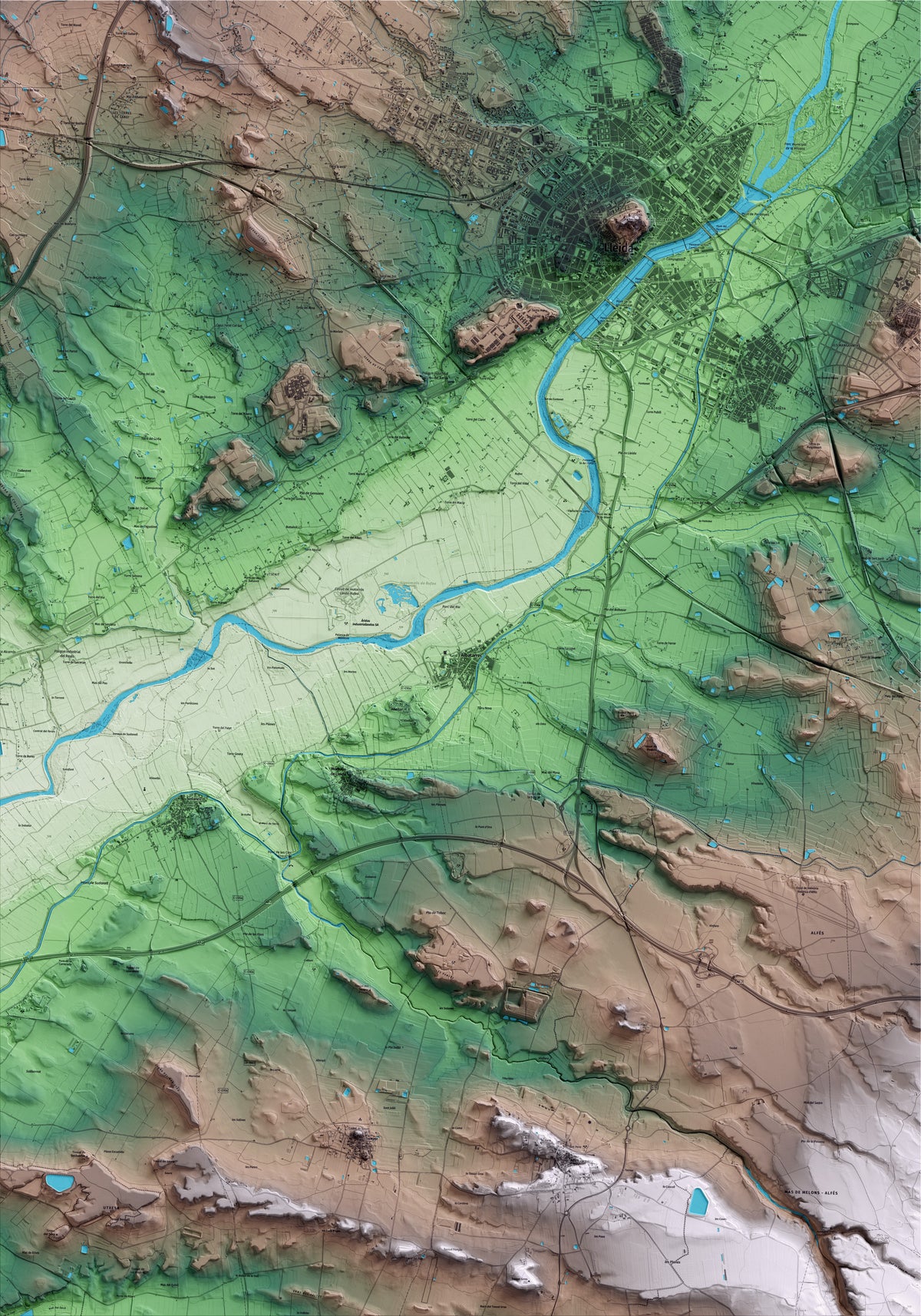 Mapa artístico del relieve de Albatàrrec, al Segrià, con 15 km de entorno y base topográfica ICGC