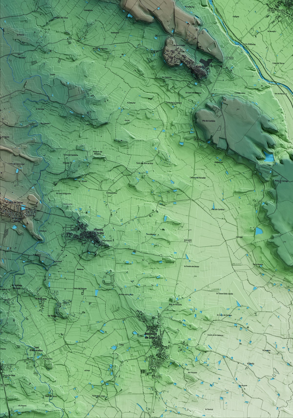 Mapa artístico del relieve de Albesa, a la Noguera, con 15 km de entorno y base topográfica ICGC. Detalle de la zona inferior izquierda.