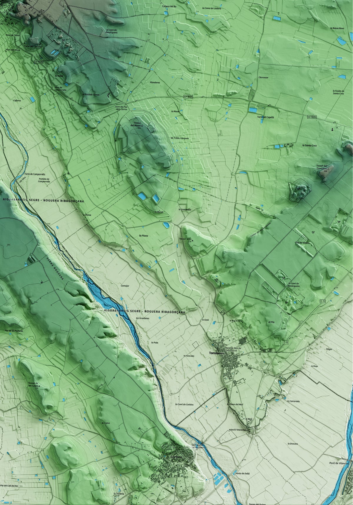 Mapa artístico del relieve de Albesa, a la Noguera, con 15 km de entorno y base topográfica ICGC. Detalle de la zona inferior derecha.