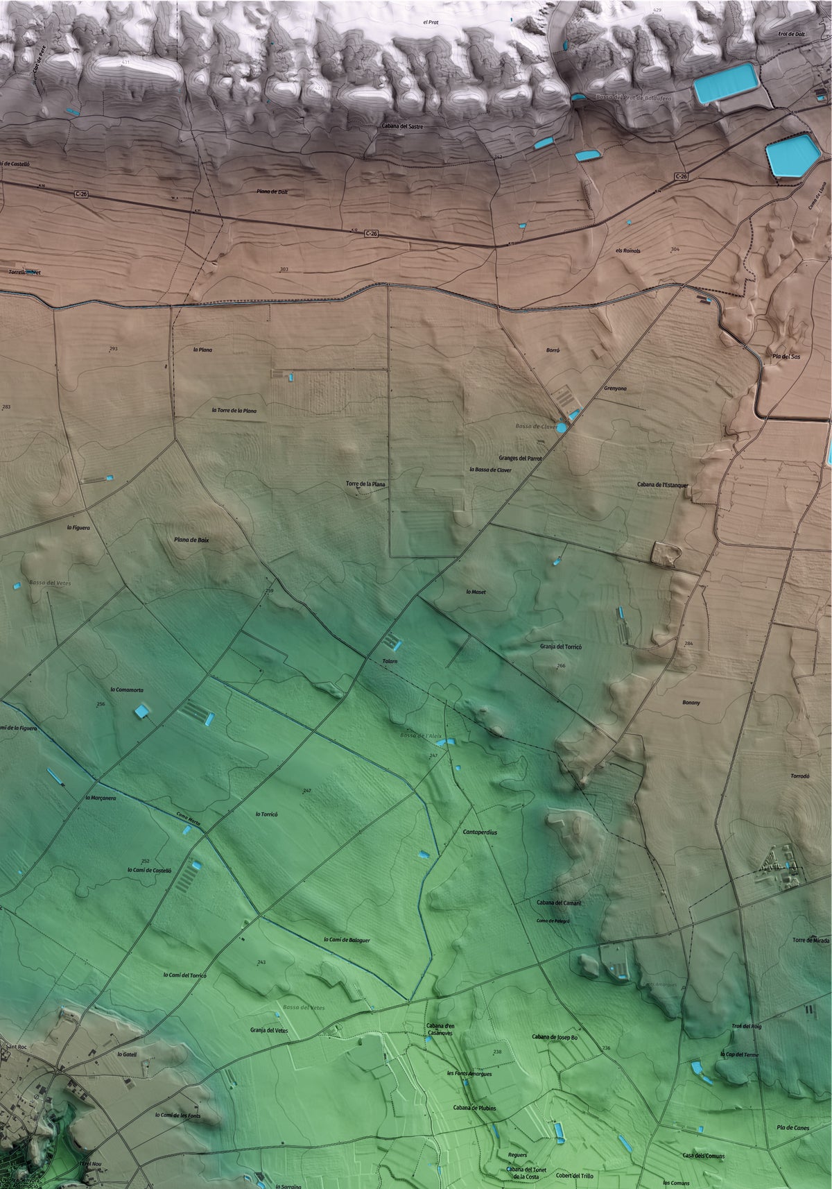 Mapa artístico del relieve de Albesa, a la Noguera, con 15 km de entorno y base topográfica ICGC. Detalle de la zona superior derecha.