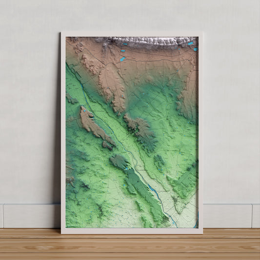 Mapa artístico del relieve de Albesa, a la Noguera, con 15 km de entorno y base topográfica ICGC. Presentación enmarcada.