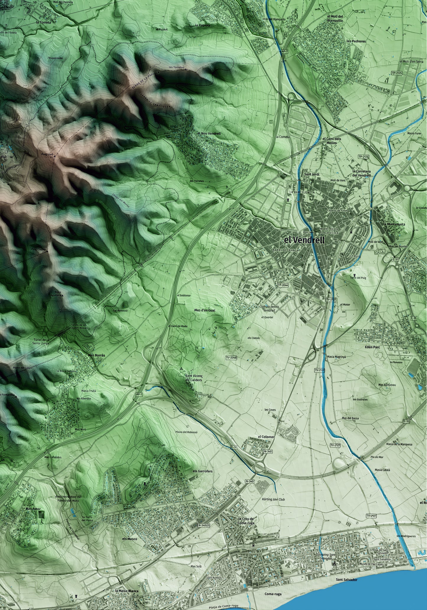 Mapa artístico del relieve de Albinyana, al Baix Penedès, con 15 km de entorno y base topográfica ICGC. Detalle de la zona inferior derecha.