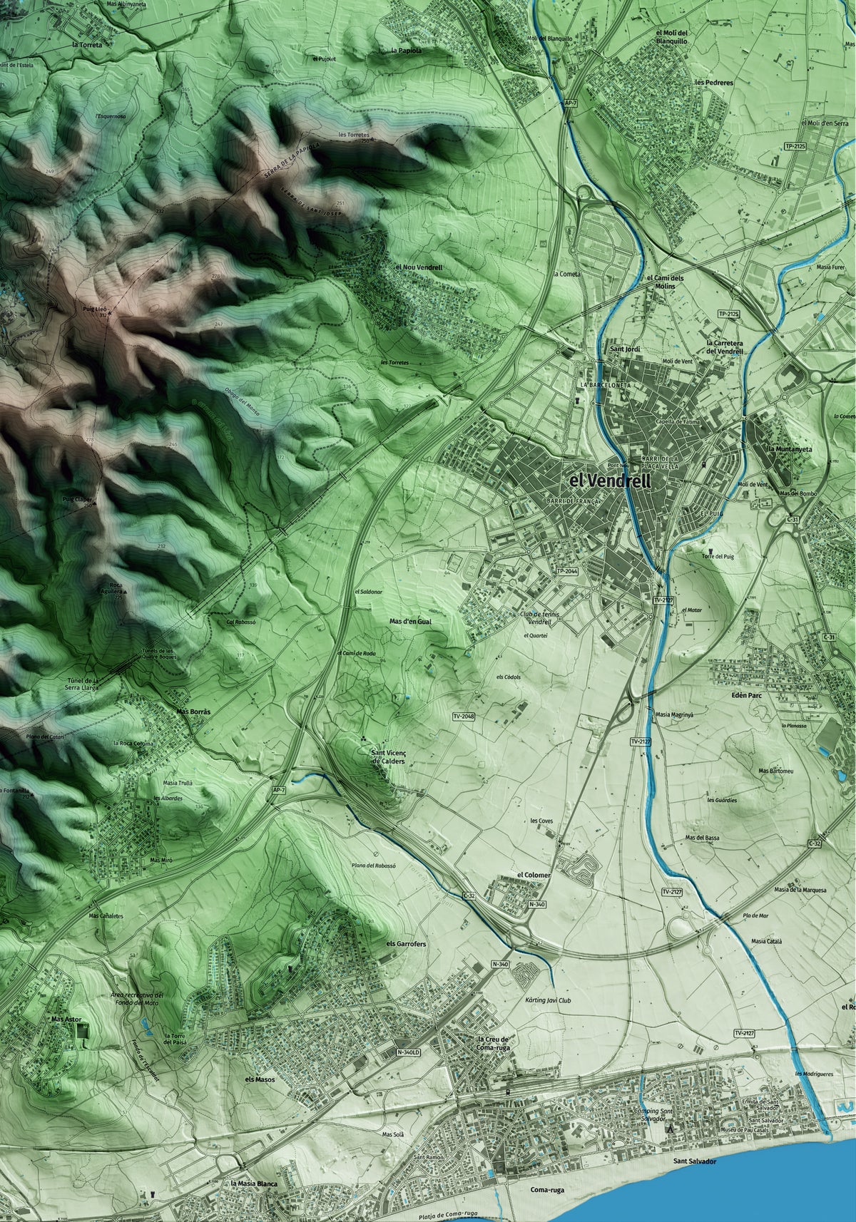 Mapa artístico del relieve de Albinyana, al Baix Penedès, con 15 km de entorno y base topográfica ICGC. Detalle de la zona inferior derecha.