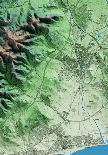 Mapa artístico del relieve de Albinyana, al Baix Penedès, con 15 km de entorno y base topográfica ICGC. Detalle de la zona inferior derecha.