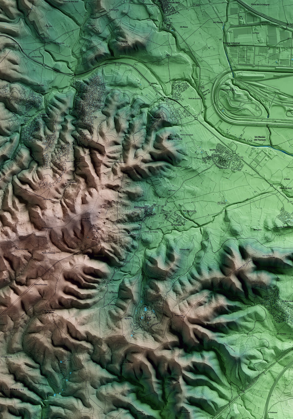 Mapa artístico del relieve de Albinyana, al Baix Penedès, con 15 km de entorno y base topográfica ICGC. Detalle de la zona central.