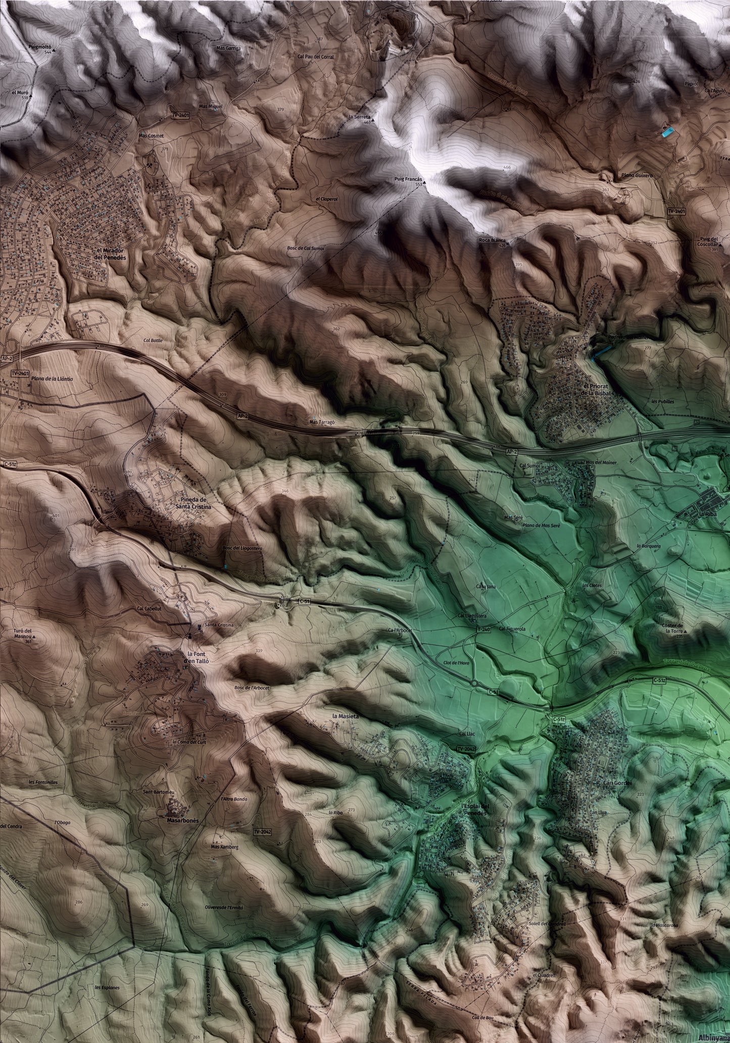 Mapa artístico del relieve de Albinyana, al Baix Penedès, con 15 km de entorno y base topográfica ICGC. Detalle de la zona superior izquierda.