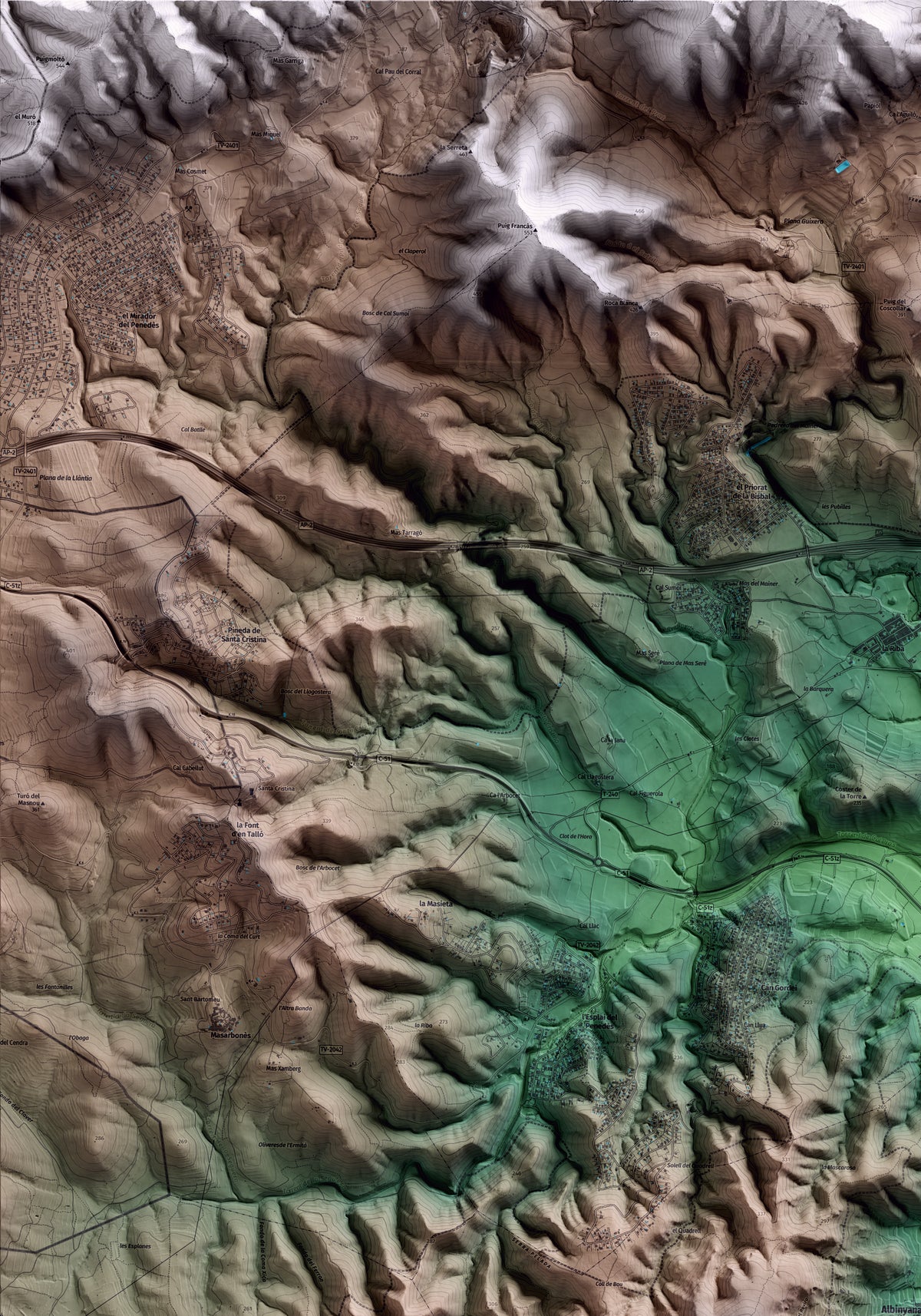 Mapa artístico del relieve de Albinyana, al Baix Penedès, con 15 km de entorno y base topográfica ICGC. Detalle de la zona superior izquierda.