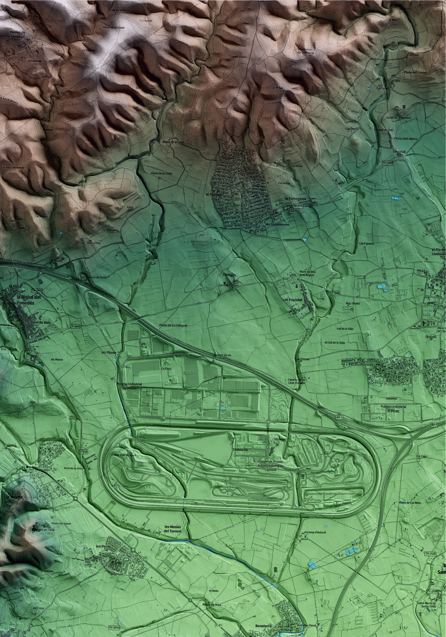 Mapa artístico del relieve de Albinyana, al Baix Penedès, con 15 km de entorno y base topográfica ICGC. Detalle de la zona superior derecha.