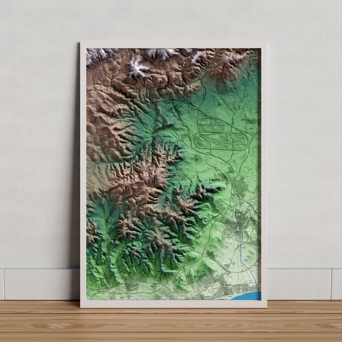 Mapa artístico del relieve de Albinyana, al Baix Penedès, con 15 km de entorno y base topográfica ICGC. Presentación enmarcada.