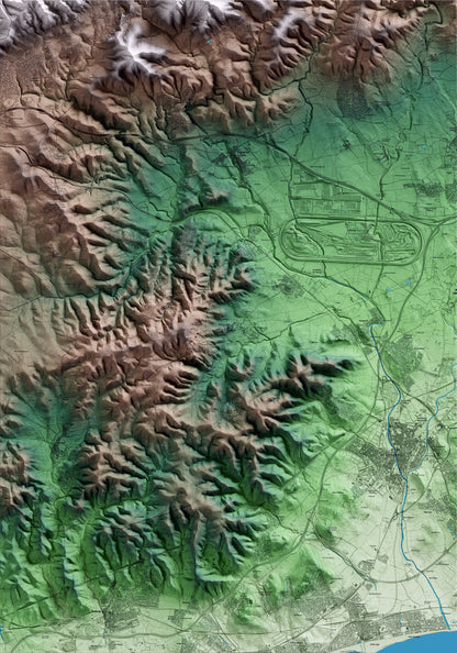 Mapa artístico del relieve de Albinyana, al Baix Penedès, con 15 km de entorno y base topográfica ICGC