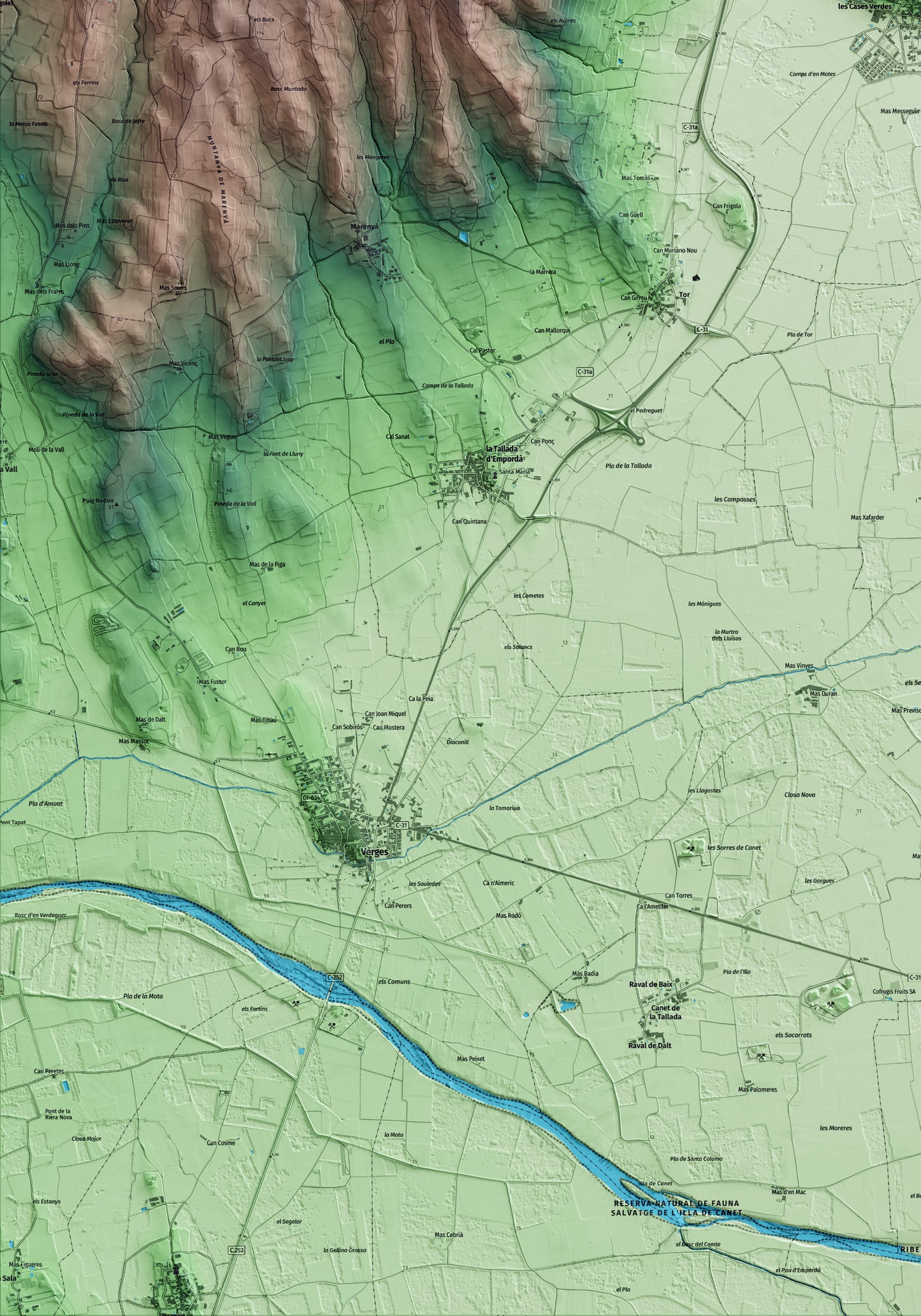 Mapa artístico del relieve de Albons, al Baix Empordà, con 15 km de entorno y base topográfica ICGC. Detalle de la zona inferior izquierda.
