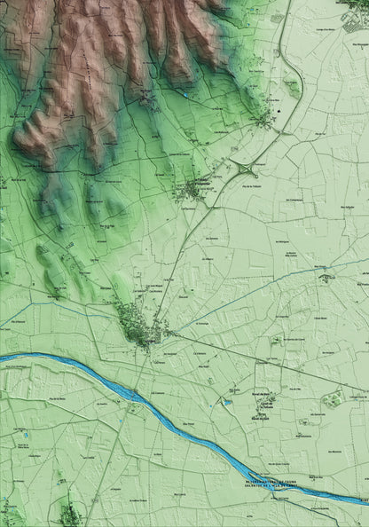 Mapa artístico del relieve de Albons, al Baix Empordà, con 15 km de entorno y base topográfica ICGC. Detalle de la zona inferior izquierda.