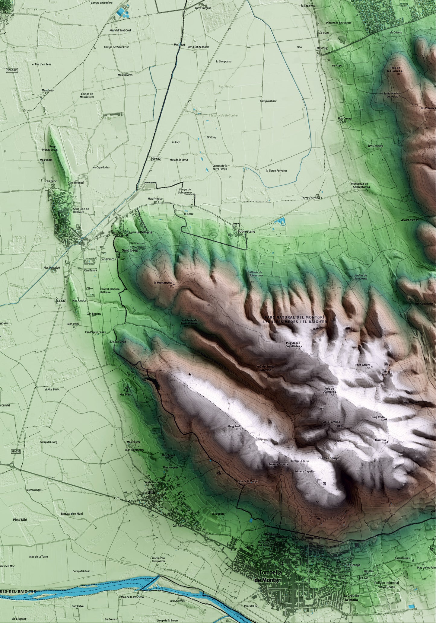 Mapa artístico del relieve de Albons, al Baix Empordà, con 15 km de entorno y base topográfica ICGC. Detalle de la zona inferior derecha.