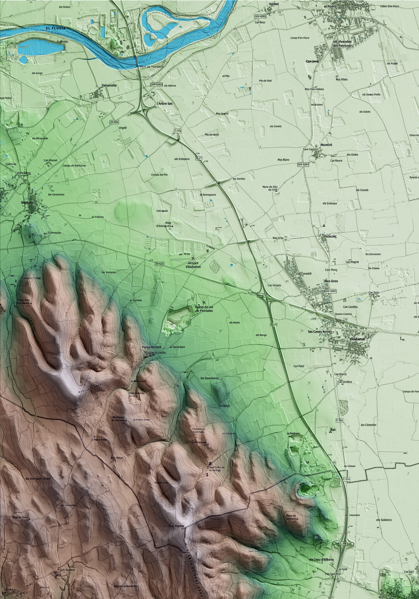 Mapa artístico del relieve de Albons, al Baix Empordà, con 15 km de entorno y base topográfica ICGC. Detalle de la zona superior izquierda.