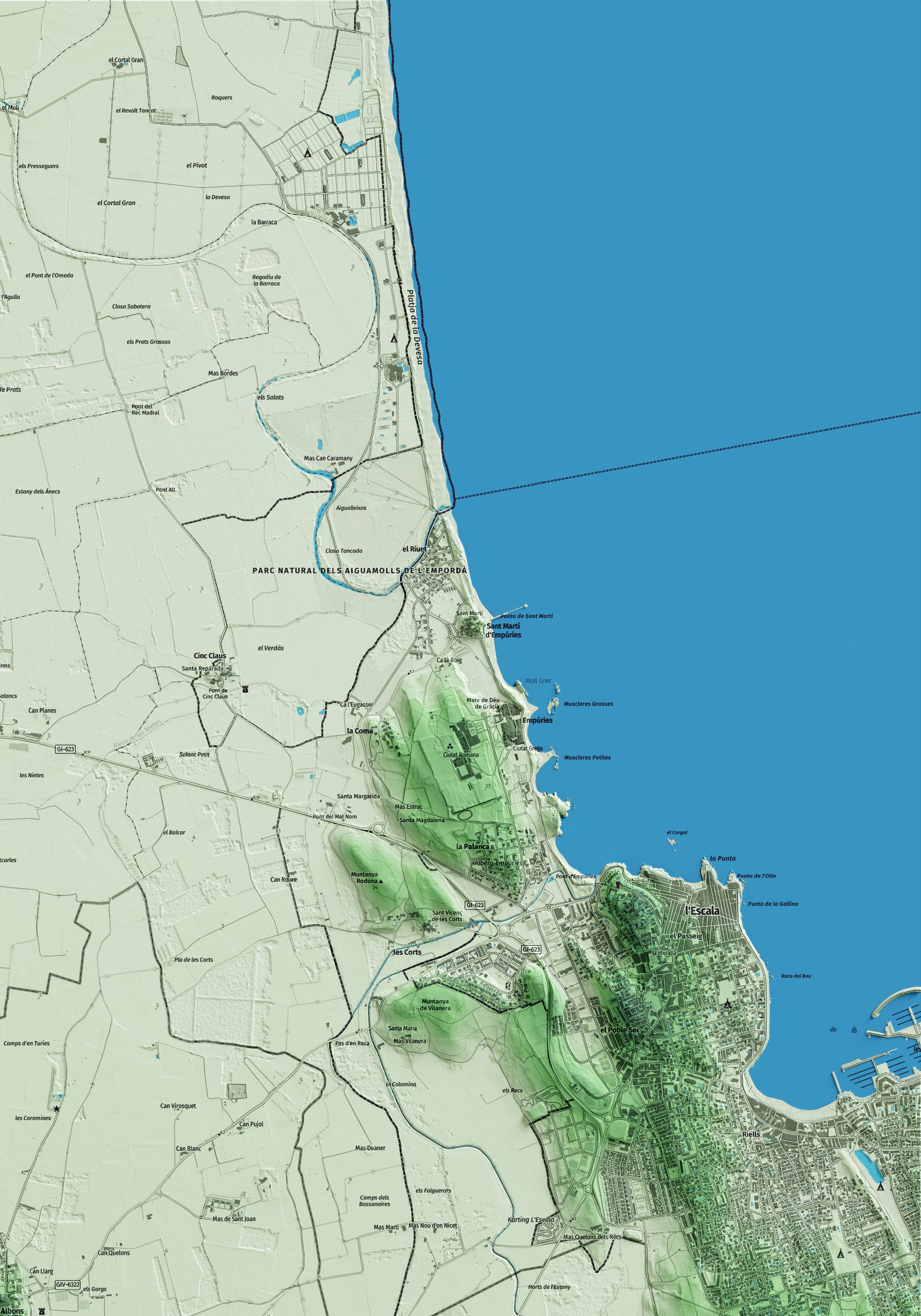 Mapa artístico del relieve de Albons, al Baix Empordà, con 15 km de entorno y base topográfica ICGC. Detalle de la zona superior derecha.