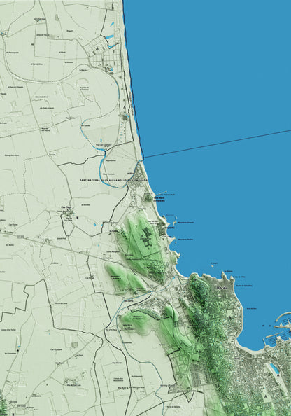 Mapa artístico del relieve de Albons, al Baix Empordà, con 15 km de entorno y base topográfica ICGC. Detalle de la zona superior derecha.