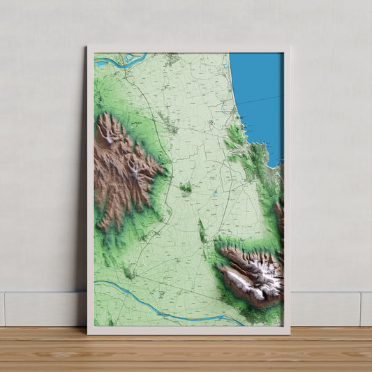 Mapa artístico del relieve de Albons, al Baix Empordà, con 15 km de entorno y base topográfica ICGC. Presentación enmarcada.