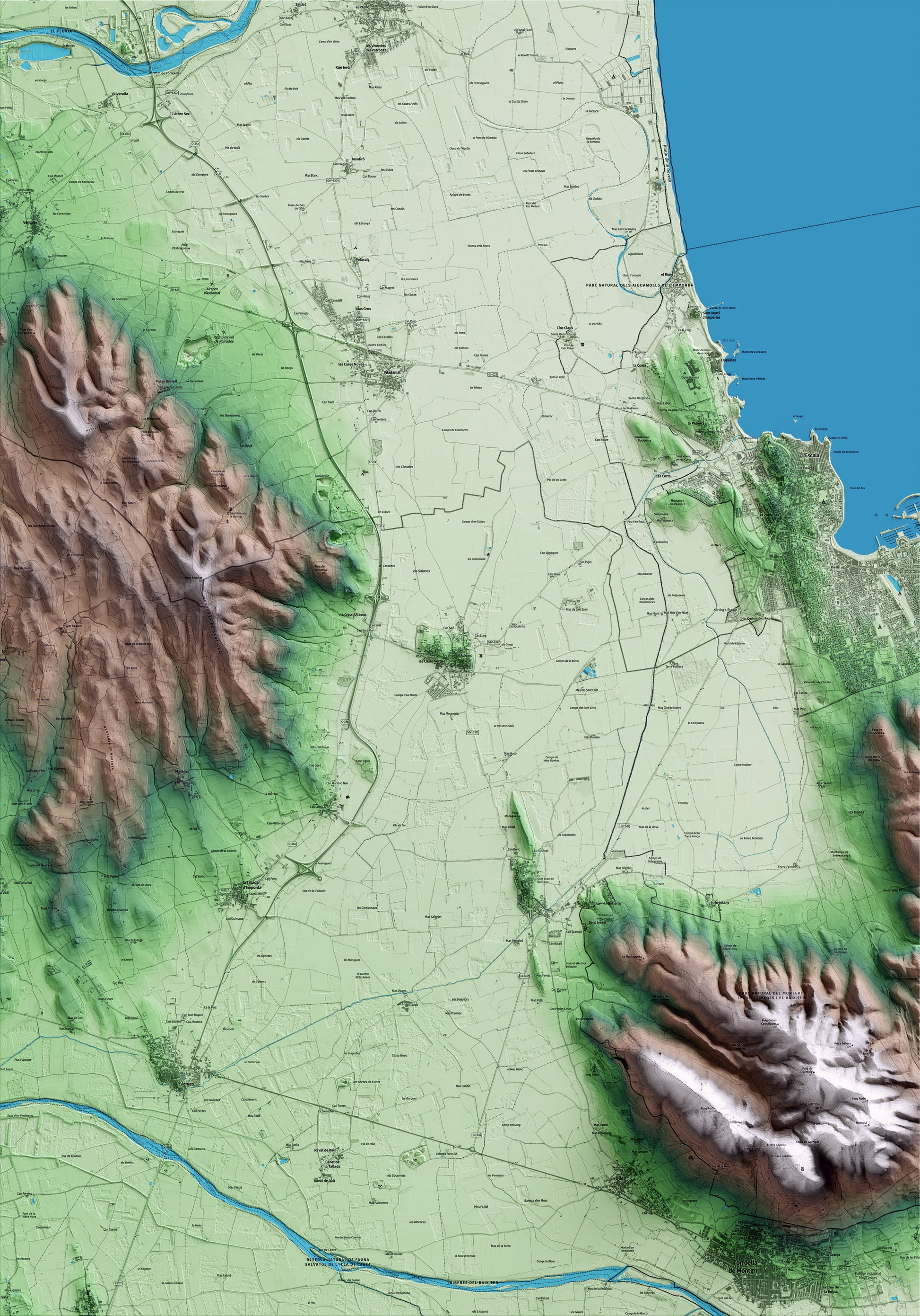 Mapa artístico del relieve de Albons, al Baix Empordà, con 15 km de entorno y base topográfica ICGC