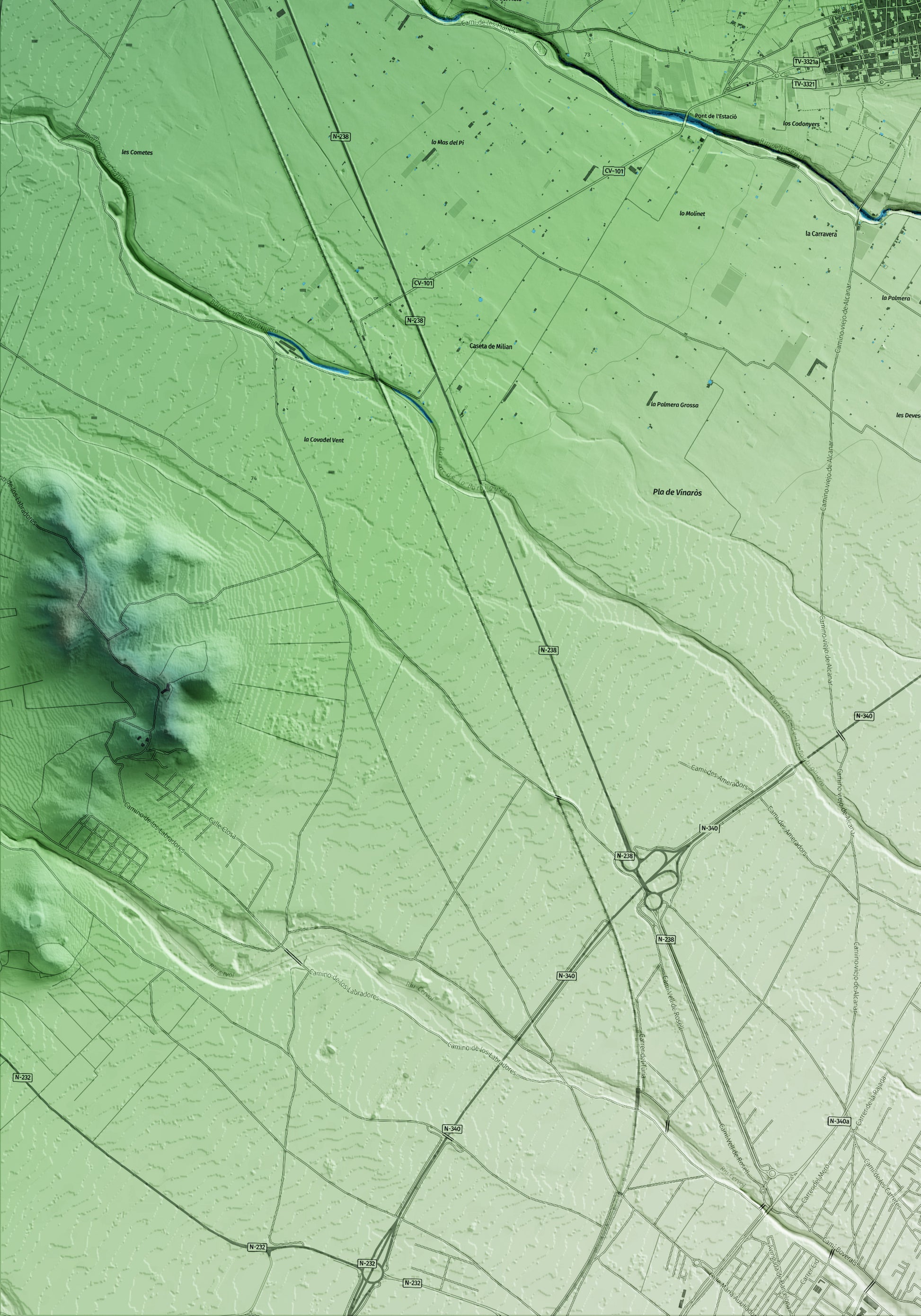 Mapa artístico del relieve de Alcanar, al Montsià, con 15 km de entorno y base topográfica ICGC. Detalle de la zona inferior izquierda.