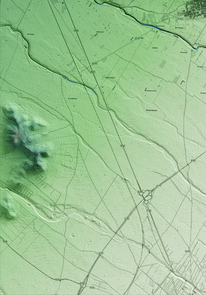 Mapa artístico del relieve de Alcanar, al Montsià, con 15 km de entorno y base topográfica ICGC. Detalle de la zona inferior izquierda.