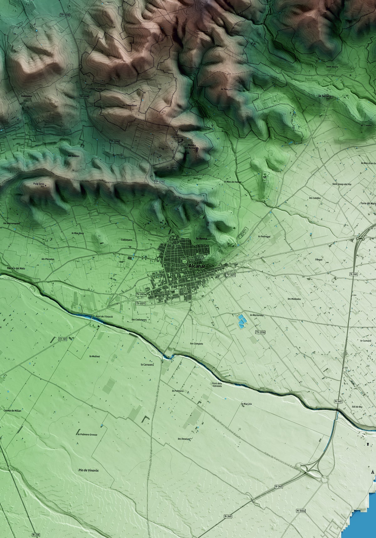 Mapa artístico del relieve de Alcanar, al Montsià, con 15 km de entorno y base topográfica ICGC. Detalle de la zona central.