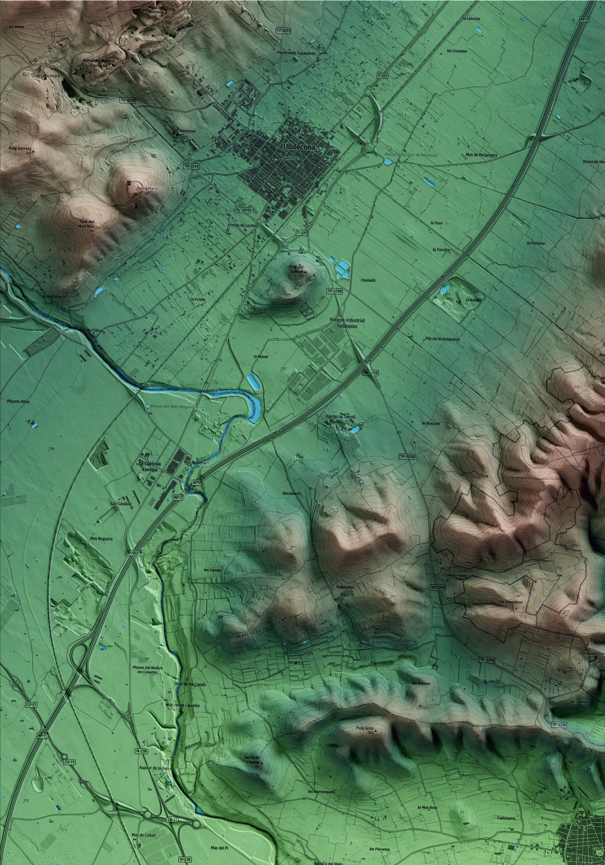 Mapa artístico del relieve de Alcanar, al Montsià, con 15 km de entorno y base topográfica ICGC. Detalle de la zona superior izquierda.